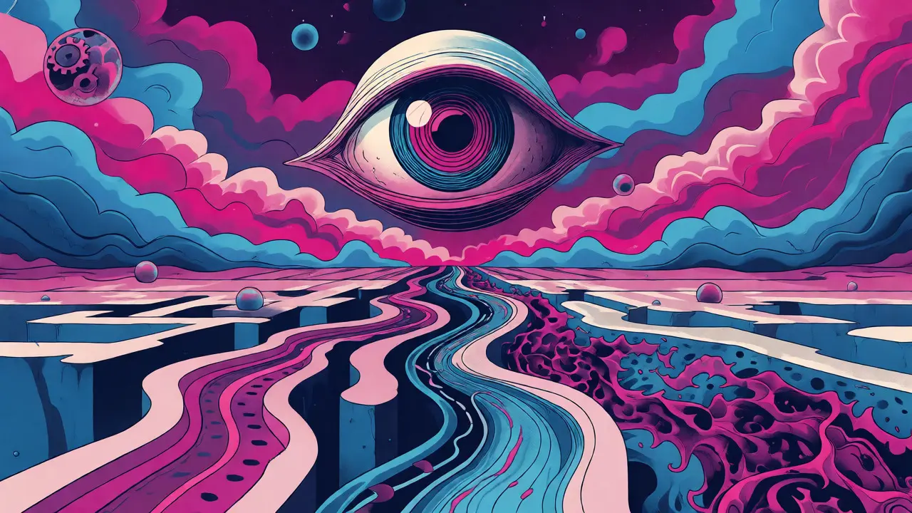 Surreal eye overlooking a maze of colorful streams representing different cryptocurrency market tiers.