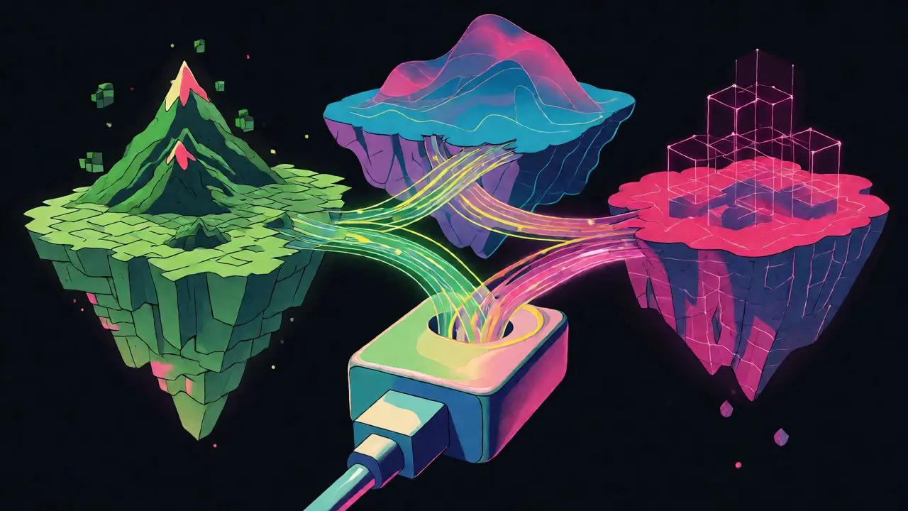 Surreal illustration of a universal adapter connecting three floating blockchain islands.