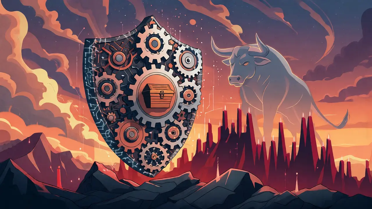 Surreal image of a mechanical shield protecting a treasure chest against market volatility.