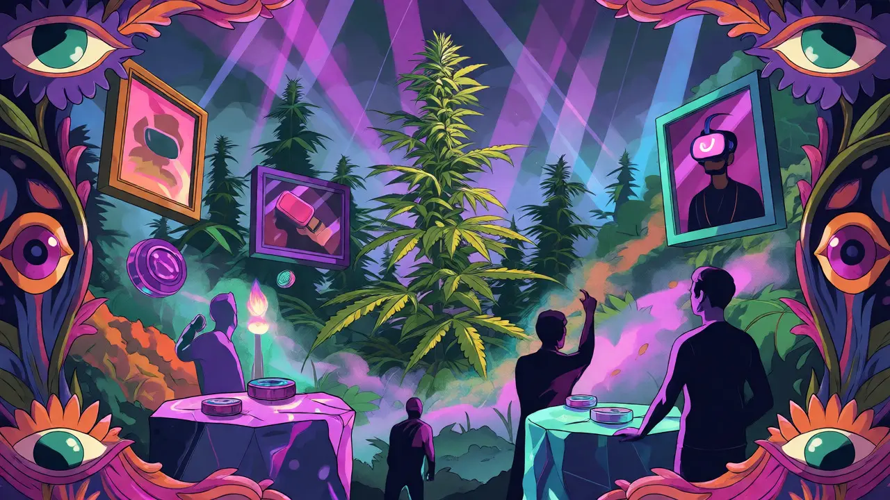 Surreal metaverse landscape with NFTs and staking figures in cartoon style