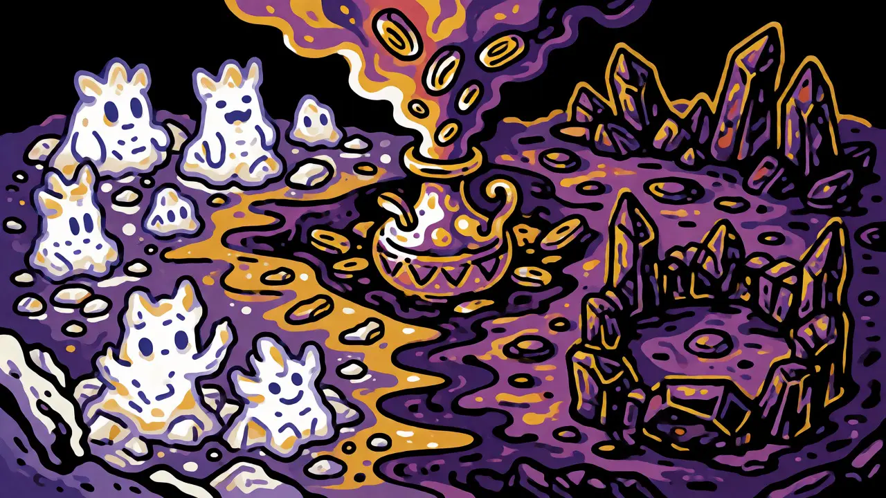 Surreal Wes Wilson illustration merging white crystal ore and dark obsidian shards to represent game resource mining.
