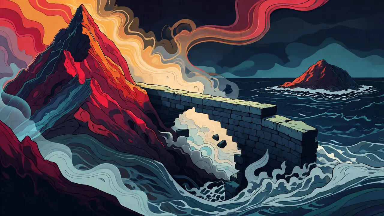 Symbolic landscape showing crypto hype versus market crash