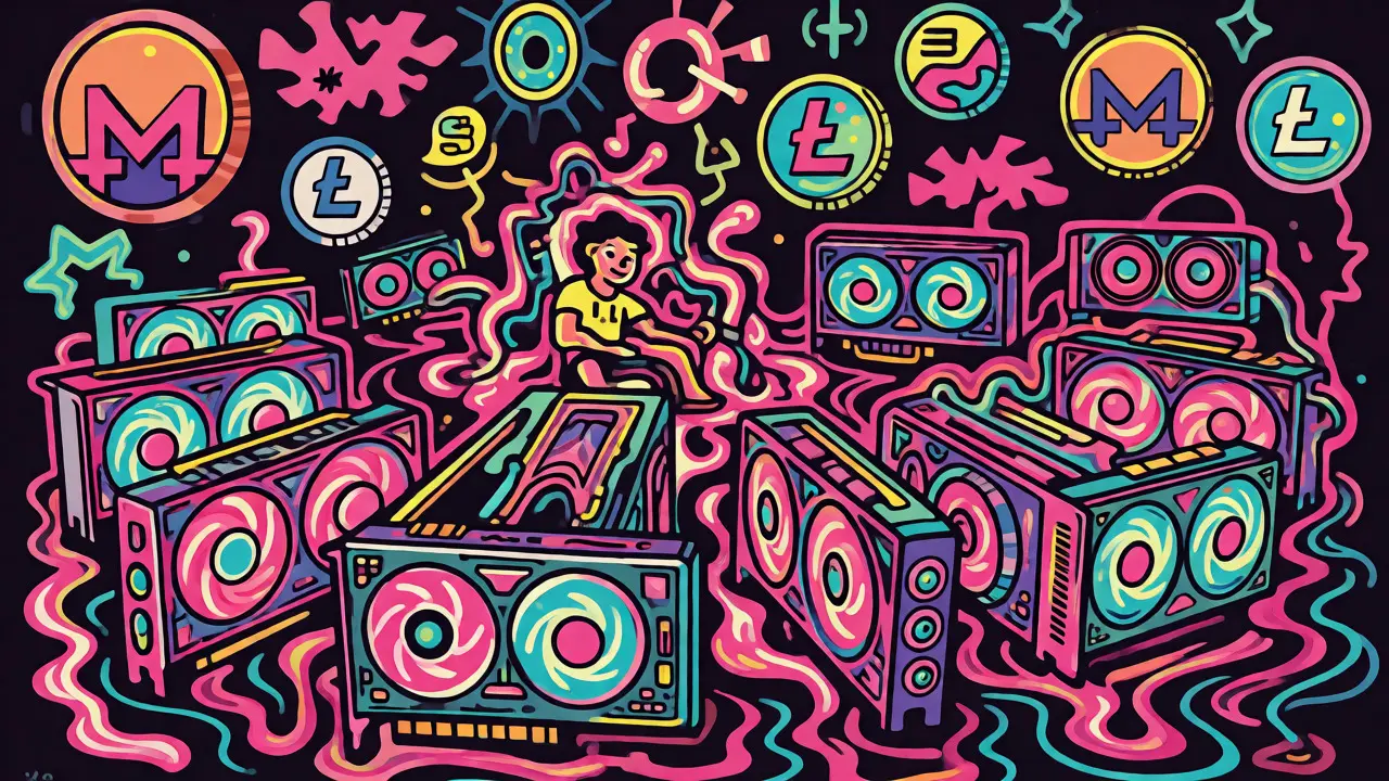 Trippy artwork of a home miner surrounded by glowing GPU rigs for altcoins.