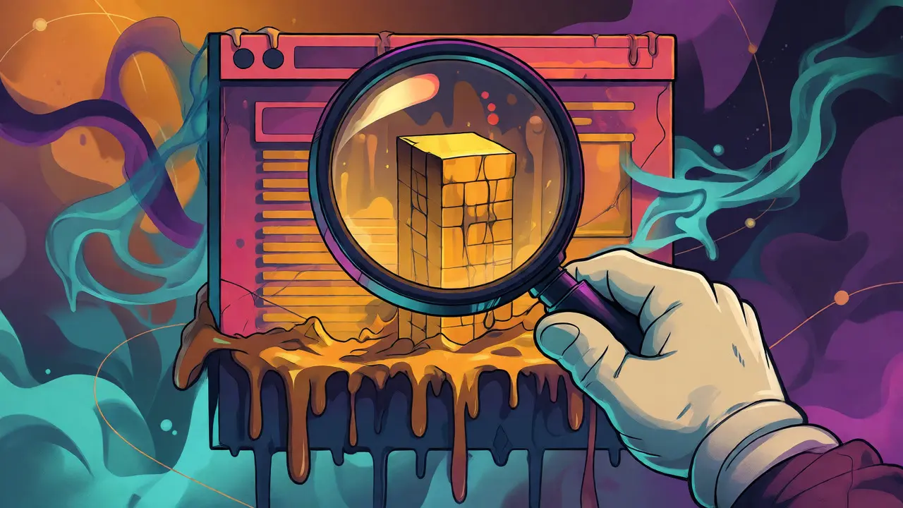 Wes Wilson style art of a magnifying glass revealing a crumbling crypto interface.