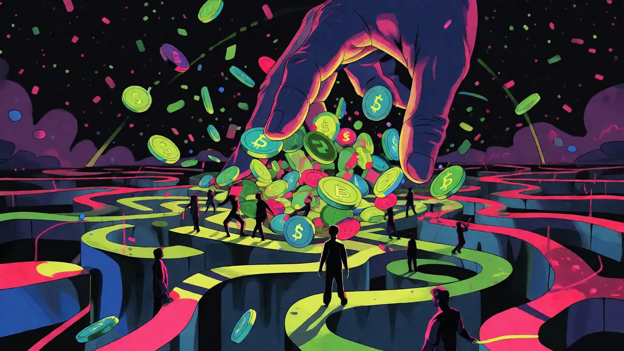 Wes Wilson style artwork depicting regulatory pressure scattering crypto tokens into P2P networks.