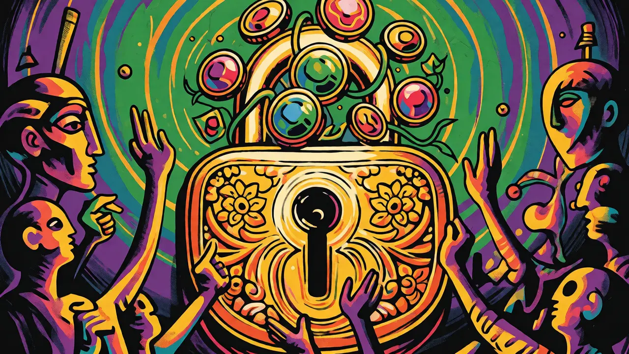 Wes Wilson style depiction of a golden lock securing tokens, surrounded by abstract figures symbolizing veARCA governance.