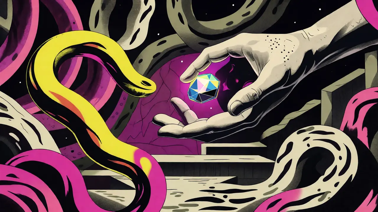 Wes Wilson style illustration of a hand reaching for a glowing crystal token amidst abstract serpentine shapes.