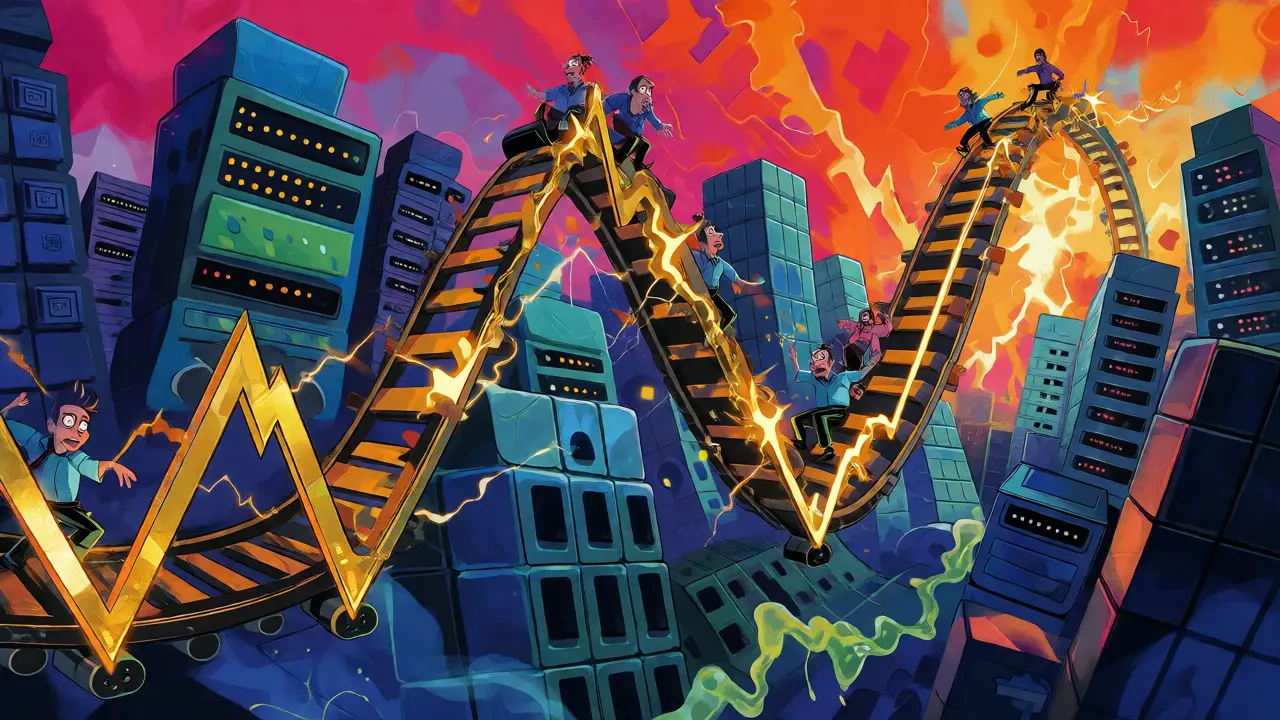 Wes Wilson style illustration of traders riding a volatile, lightning-filled crypto chart